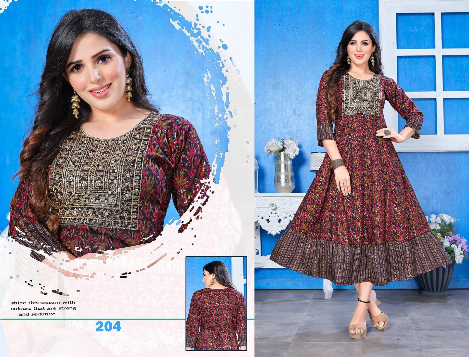 Something Special Golden Heavy Rayon Printed Long Kurtis Wholesale Market In Surat
